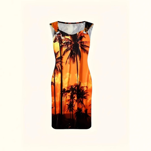 American and European Women's Fashion 2025 Summer Sleeveless Round Neck Retro Print Waist Cinching Dress