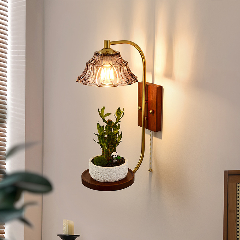 European-style solid wood LED wall lamp, bedside lamp, bedroom background wall, Nordic retro walnut color, minimalist creative living room