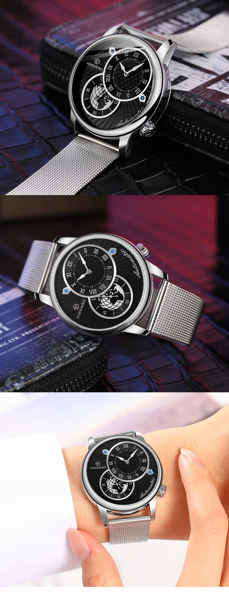 Men's Mechanical Watch With Earth Pattern And Leather Steel Strap_voghion.com