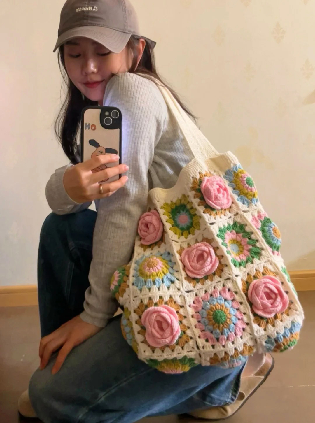 Granny Ge camellia lana tejida a mano bolsas grandes ganchillo diy material bolsa ganchillo regalo en polvo hecho a mano