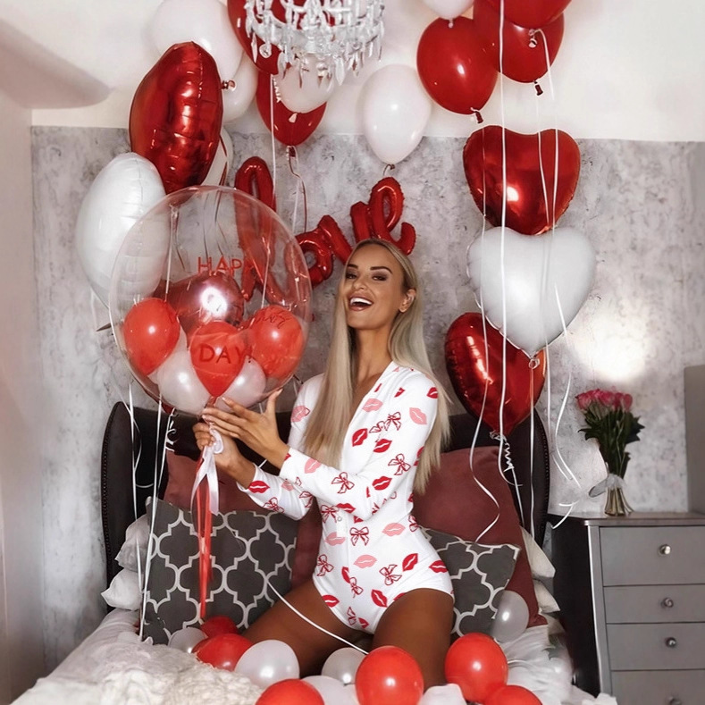 Amazon Cross-Border Export Spring and Summer Sexy Women's One-Piece Pajamas European and American Printed Deep V Long-Sleeved Home Clothes for Women