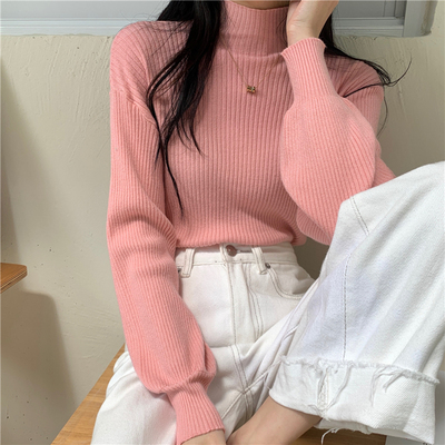 针织衫黑色灯笼袖毛衣女秋冬2025新款打底半高领修身内搭长袖上衣|undefined