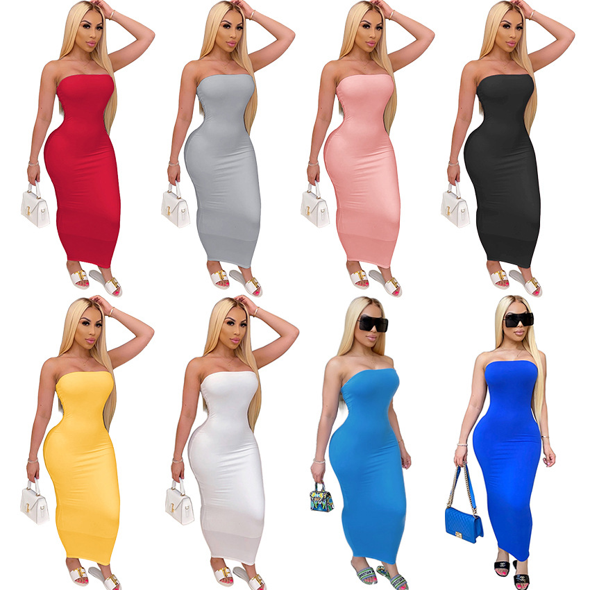 214g Weight Maxi Long Dress Dress Length Type Wholesale Women'S Fashion Backless Solid Color Banquet Strapless Pencil Skirt