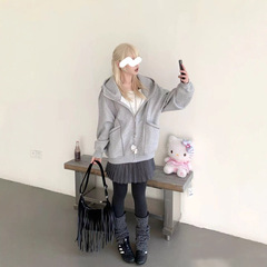 灰色卫衣外套女连帽美式大口袋上衣宽松秋冬季2025新款男女同款