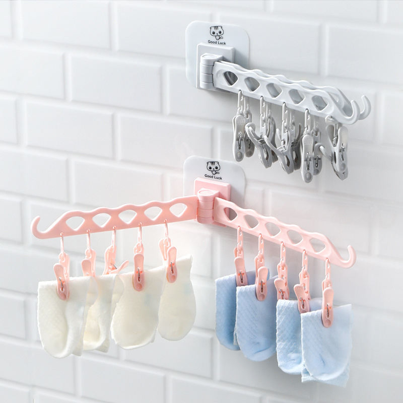Household Punch-Free Clothes Hanger, Socks Drying Rack, Foldableable Clothespin, Bathroom Wall Intimates Hook