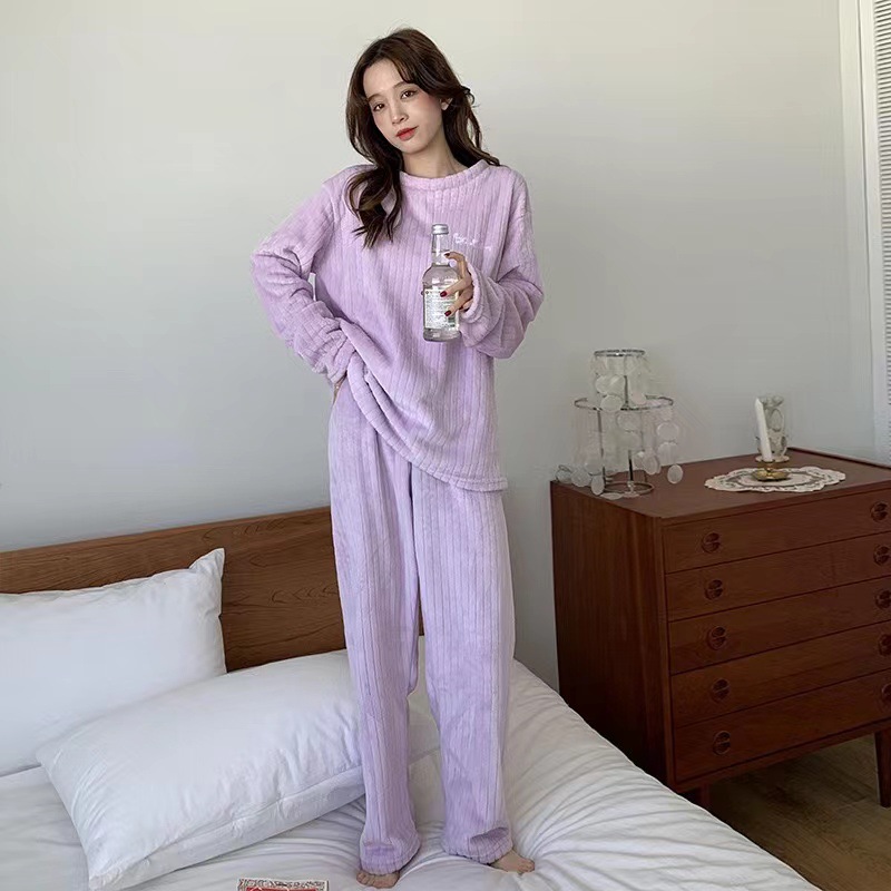 630g Weight Long Sleeve Sleeve Length Pajamas Lingerie Type Pullovers Placket Type Polyester Fabric Type Long Top Length Pants Sets Sets Type 2 Pieces Set Quantity Home Occasion Round Neck Neckline Warm Function Loose Fit Type Stripe, Solid Color Pattern Winter, Autumn Season Women's Gender Casual, Simple Style Style Autumn And Winter New Crescent City Warm Suit Casual Homewear Internet Celebrity Coral Fleece Thick Thermal Pajamas 25