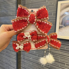 韩版酒红亮片小香风珍珠蝴蝶结女童发夹宝宝发绳古风新年儿童发饰