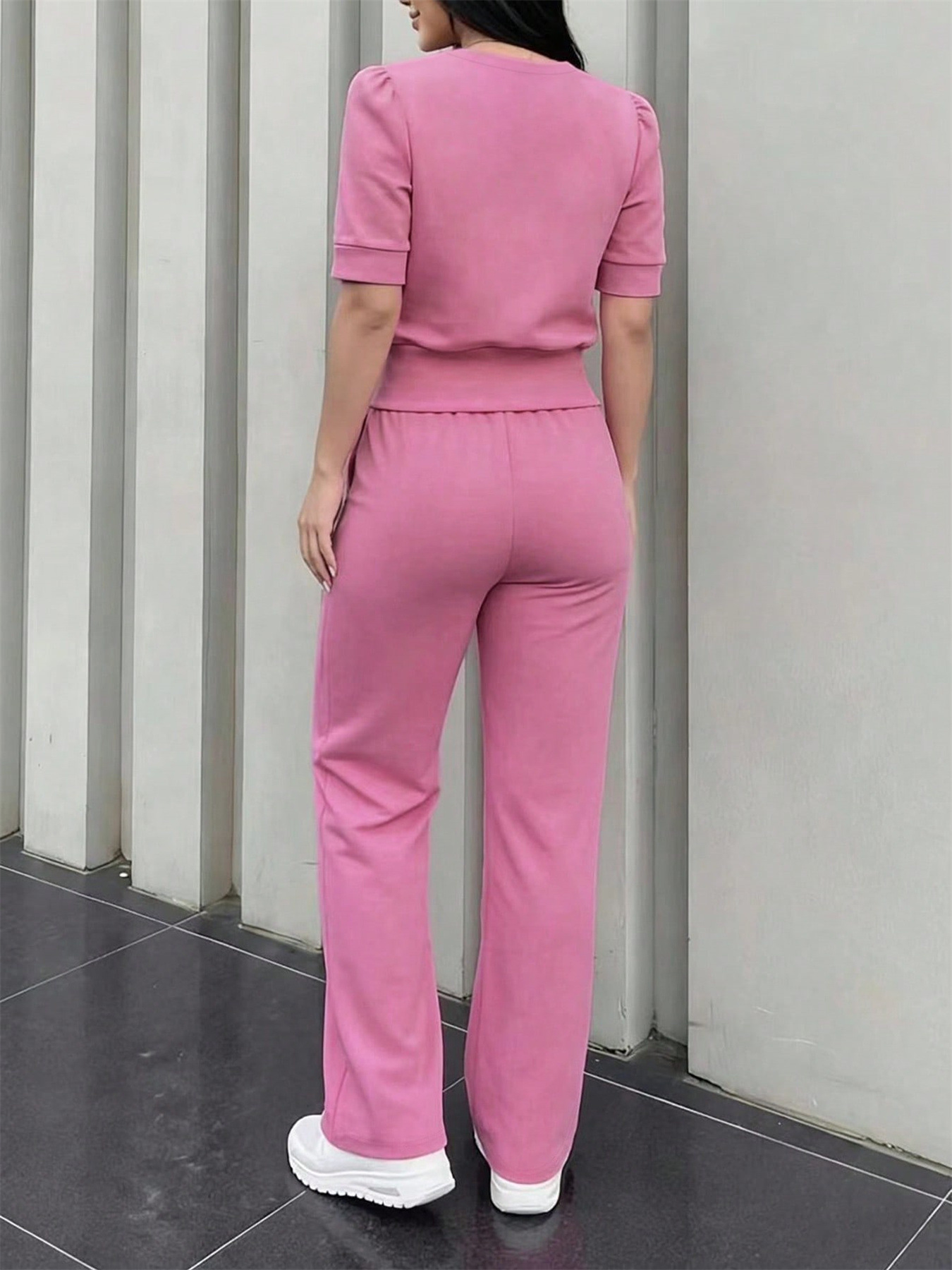 Women's Casual Suit Solid Color Heart Embroidered Puff Sleeve Top with Pocket Wide Leg Pants Spring/Summer Fashion_ecoleips.com