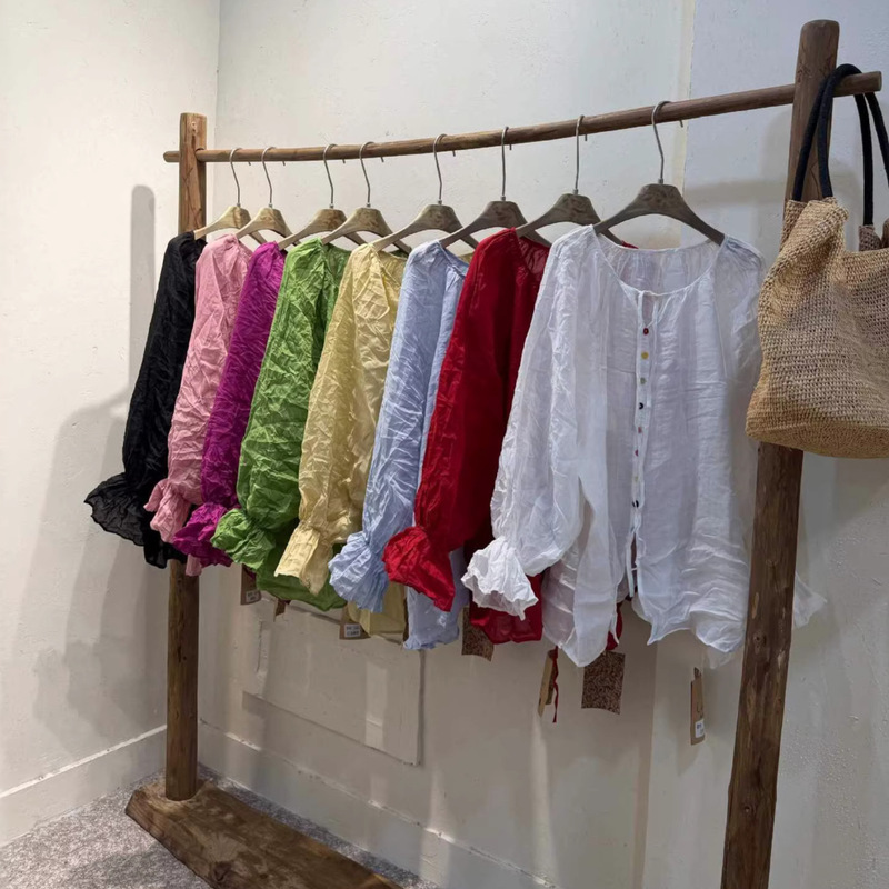 2026 Spring New Style Round Neck Ramie Long-Sleeved Shirt with Ruffled Cuffs, Candy-Colored Loose Ramie Shirt 2026 Spring New Style Round Neck Ramie Long-Sleeved Shirt with Ruffled Cuffs, Candy-Colored Loose Ramie Shirt