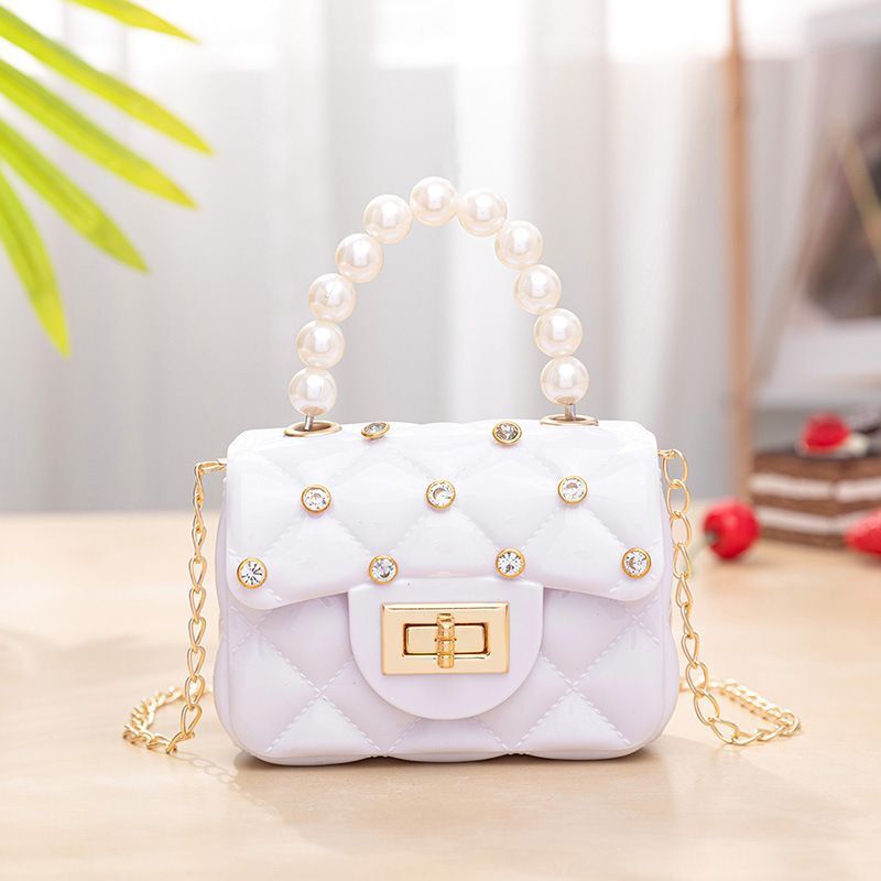 Mini bolso de cadena estilo perlas y rombos, diseño pequeño y de gelatina – bandolera de moda 2021, venta exterior.