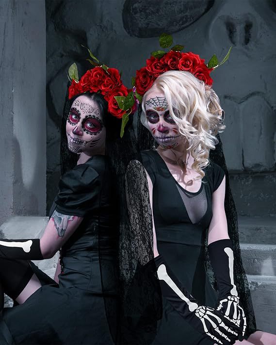 Halloween Day Of The Dead Headband Thigh High Socks Skeleton Gloves_voghion.com