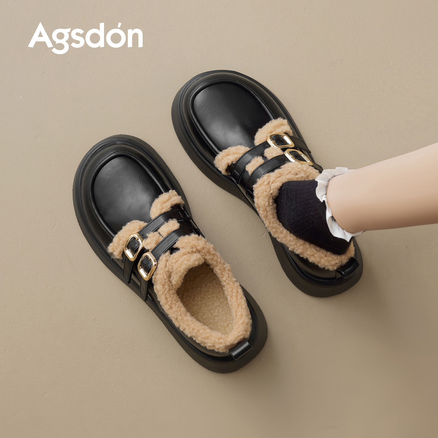 Augusto Lion negro Lefour zapatos para mujeres 2025 nuevo invierno con lana de fondo grueso zapatos de lana de estilo británico zapatos de cuero pequeños