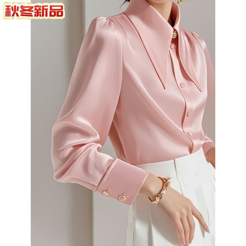 This Year's Trendy and Beautiful Blouses Are Uniquely Chic, with a Light Luxury and High-End Feel, and Look Great in Pink Acetate Satin Shirts for Autumn