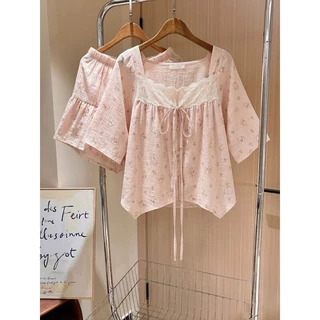 公主风蕾丝方领系带睡衣夏季印花短袖短裤大码宽松家居服套装外穿