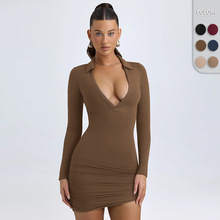 欧美爆款性感辣妹深V领紧身长袖连衣裙女新款纯欲修身气质包臀裙
