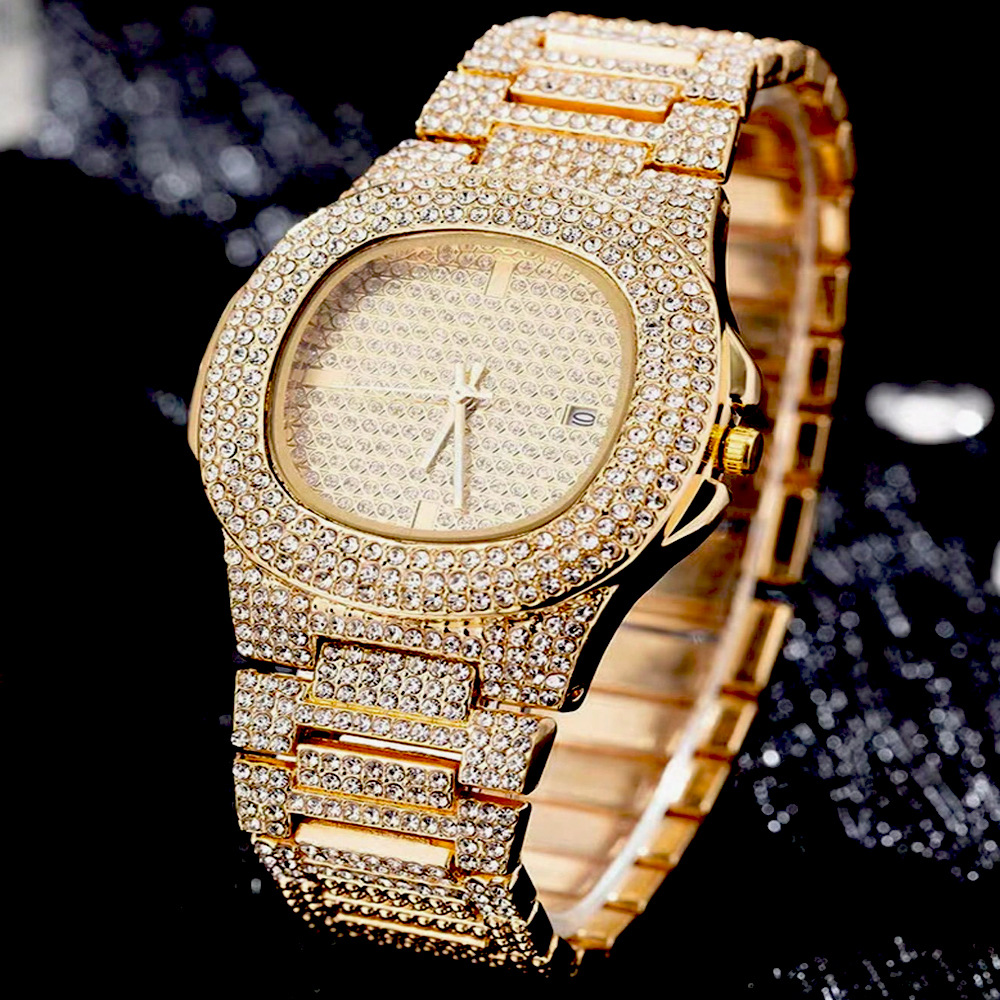 Cuban Chain Watch Bracelet Three piece Jewelry Personalized Fashion Set Hip Hop Full Diamond Necklace_voghion.com