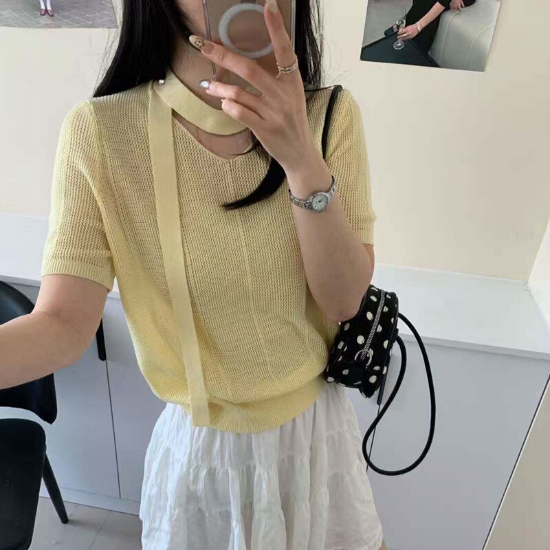2026 Summer New Product, Slightly See-Through, Elegant V-Neck Halterneck Tie-Up Short-Sleeved Knitwear, Women's Loose Blouse, Simple Top