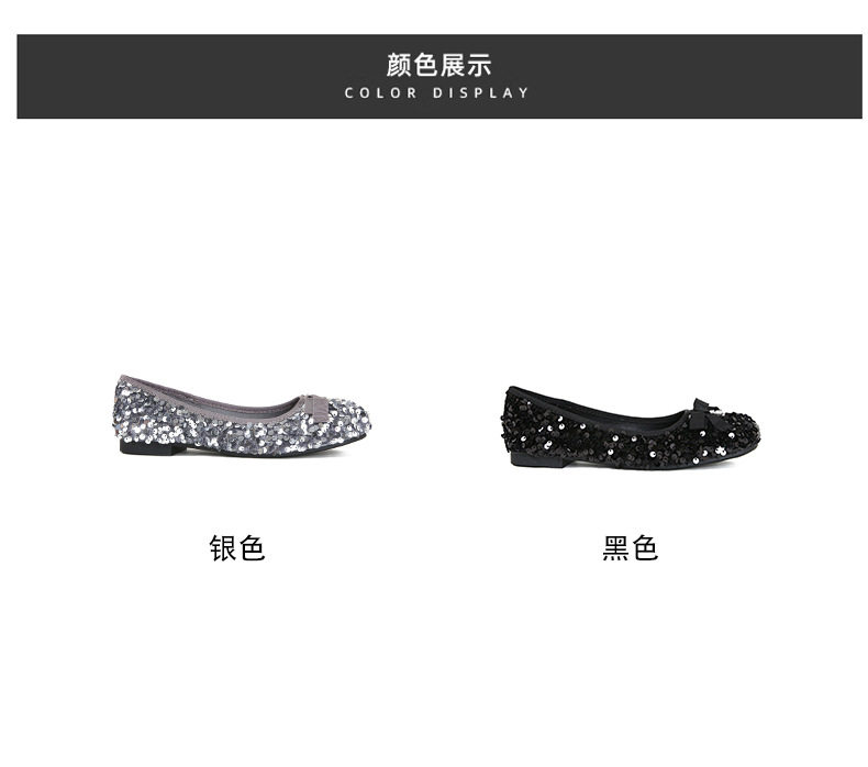 Giày búp bê nữ mũi vuông đế nhỏ đính sequin nơ, kiểu Mary Jane lười gót thấp 1–3 cm — Màu bạc, Màu đen chi tiết 6