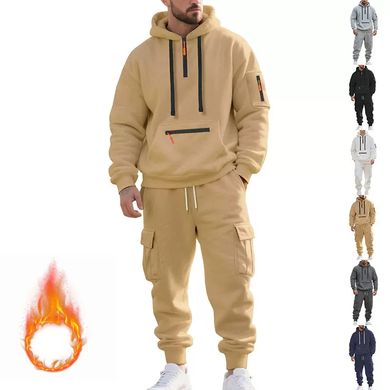 跨境外贸冬季大码美式重磅加绒宽松男士休闲运动多口袋工装套装男