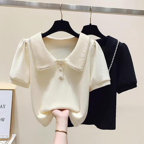 Women's Loose Bubble Sleeve Top for 2025 Summer, Fat Mm Slimming, Muscle Covering, Elegant, Square Shoulder, Short Sleeve T-Shirt