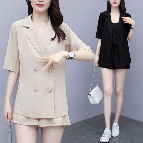 Large size women's clothing 2026 new style fat MM summer fashion suit Western-style belly-covering shorts suit three-piece set