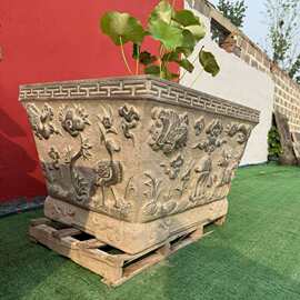 仿古青石石雕鱼缸别墅庭院石盆水缸养鱼缸景区户外景观荷花缸摆件