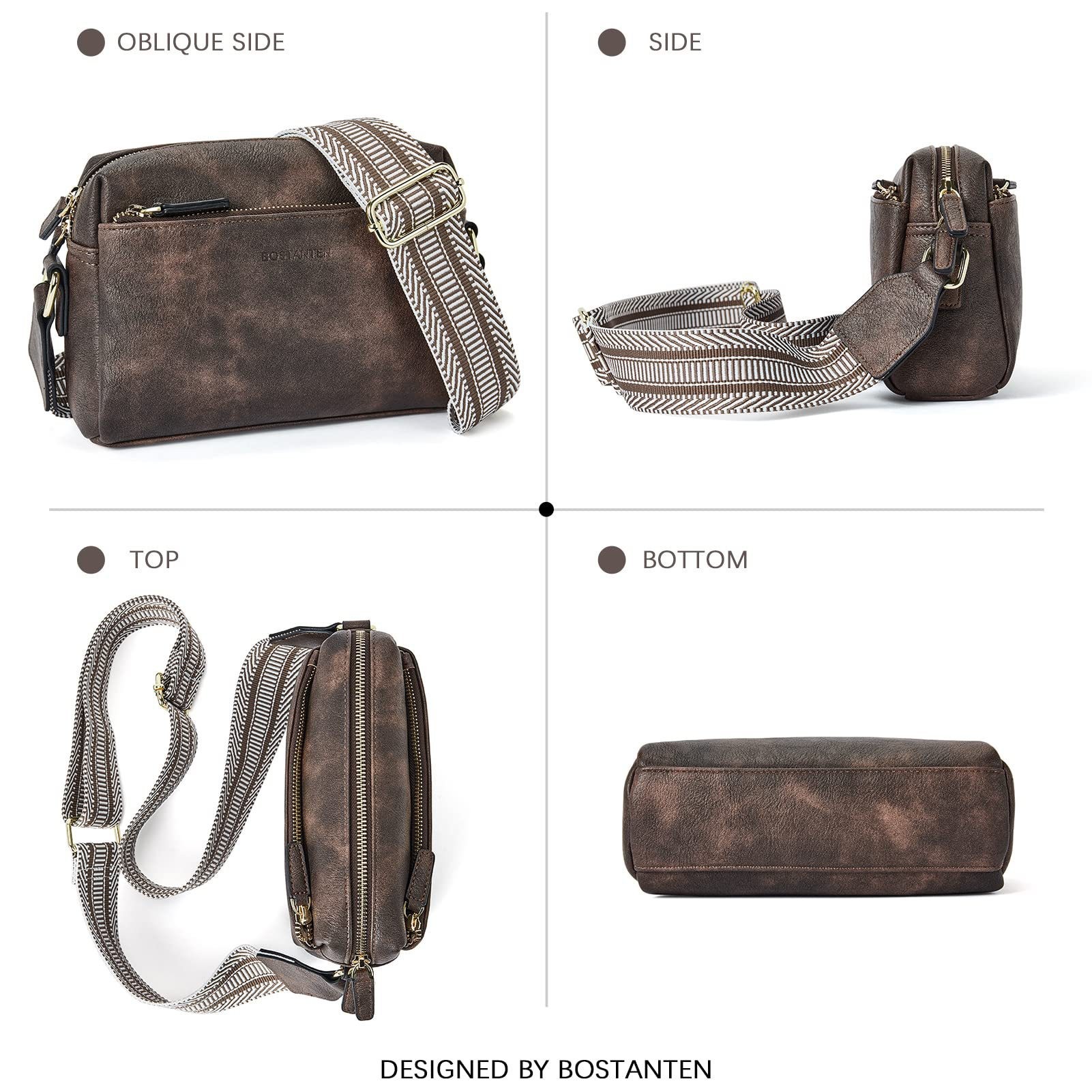 New women's small crossbody bag, three zippered mobile phone newspaper, leather small bag, colored shoulder strap single shoulder bag_voghion.com