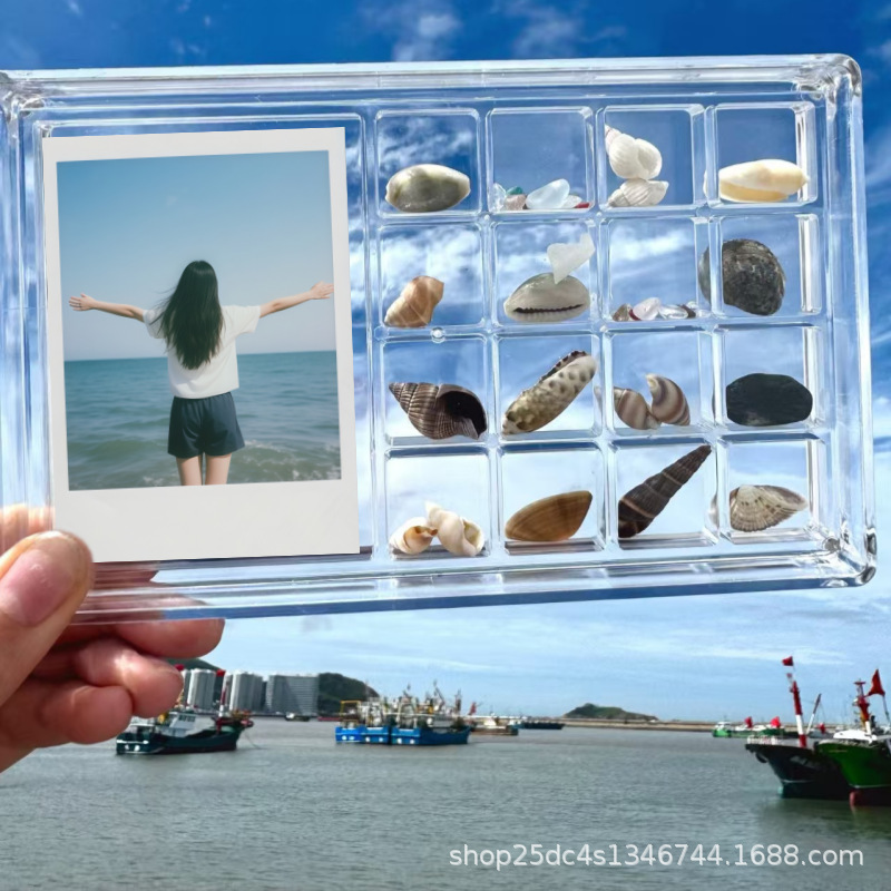 Shell Storage Box with 17 Compartments and 3inch Photo Frames, High Transparency Mini Shell Conch Storage Box DIY Magnetic with Lid