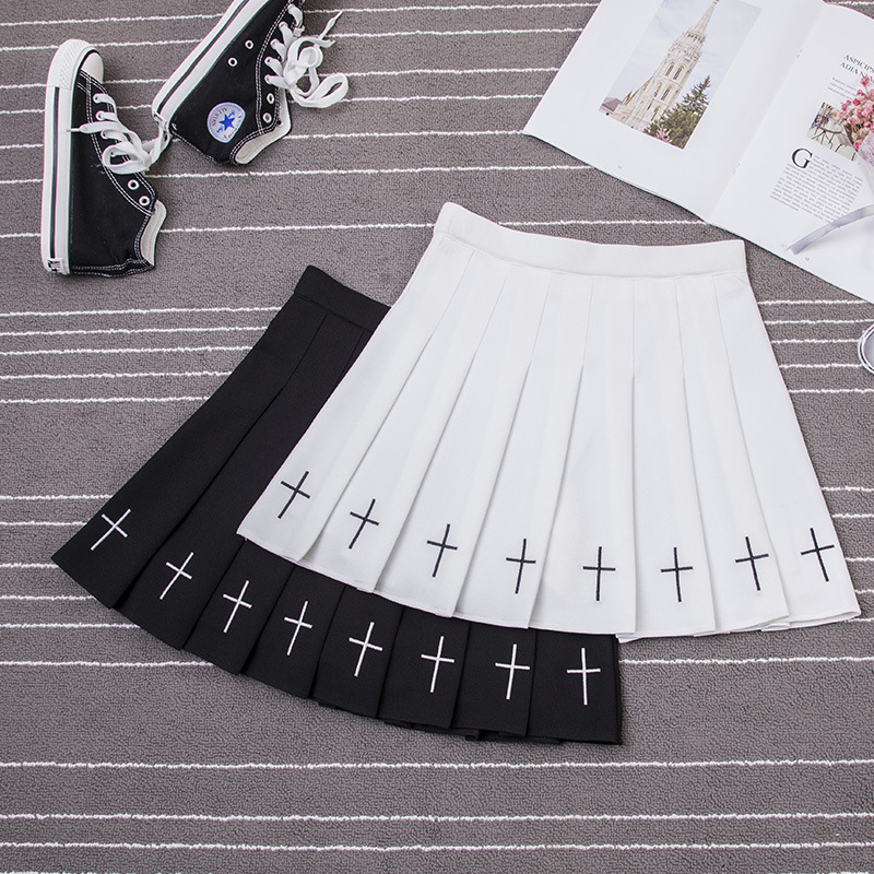 Cross Embroidered Pleated Skirt Short Sk...