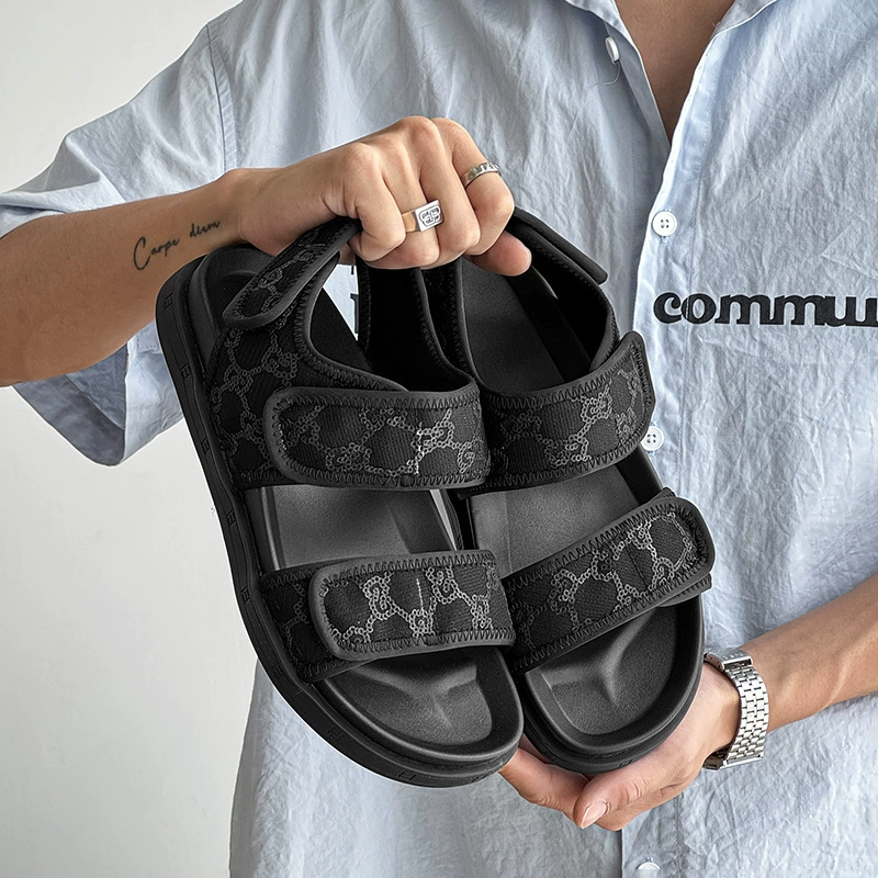 Мужские пляжные сандалии в римском стиле, толстая высокая подошва, лето 2025, новая модель, на липучке, открытый носок, модные, универсальные