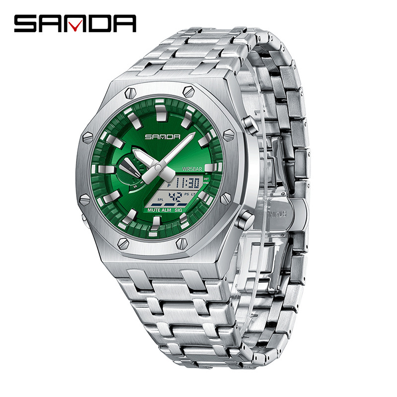 SANDA reloj electrónico popular correa de acero Luz de elevación manual reloj despertador multifuncional de moda para hombres frescos 3357