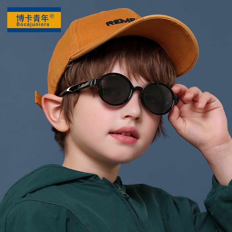 2024新款兒童復古圓框硅膠偏光太陽鏡歐美潮流小孩軟膠墨鏡酷8146