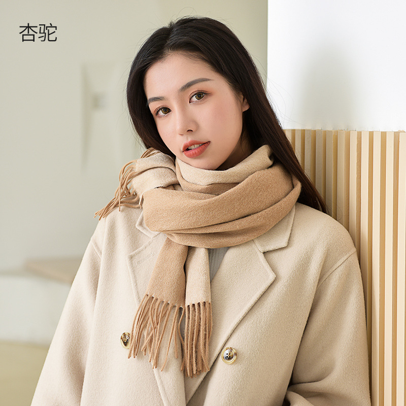 100% Wool Scarf Women's Winter Classic All-match Korean Style Neck Protection Solid Color Wool Two-color Scarf Women's Cold-proof Scarf