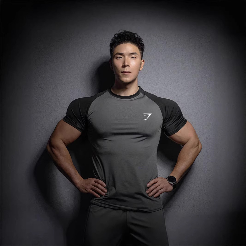 Gymshark Fitness Short-Sleeved Men's Running Sports Gym Training High-Elastic Quick-Drying Color-Blocked T-Shirt