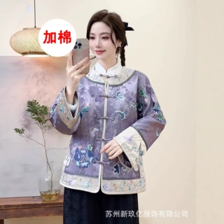 新中式刺绣复古盘扣圆领棉衣女2025冬季新款夹棉保暖宽松保暖外套