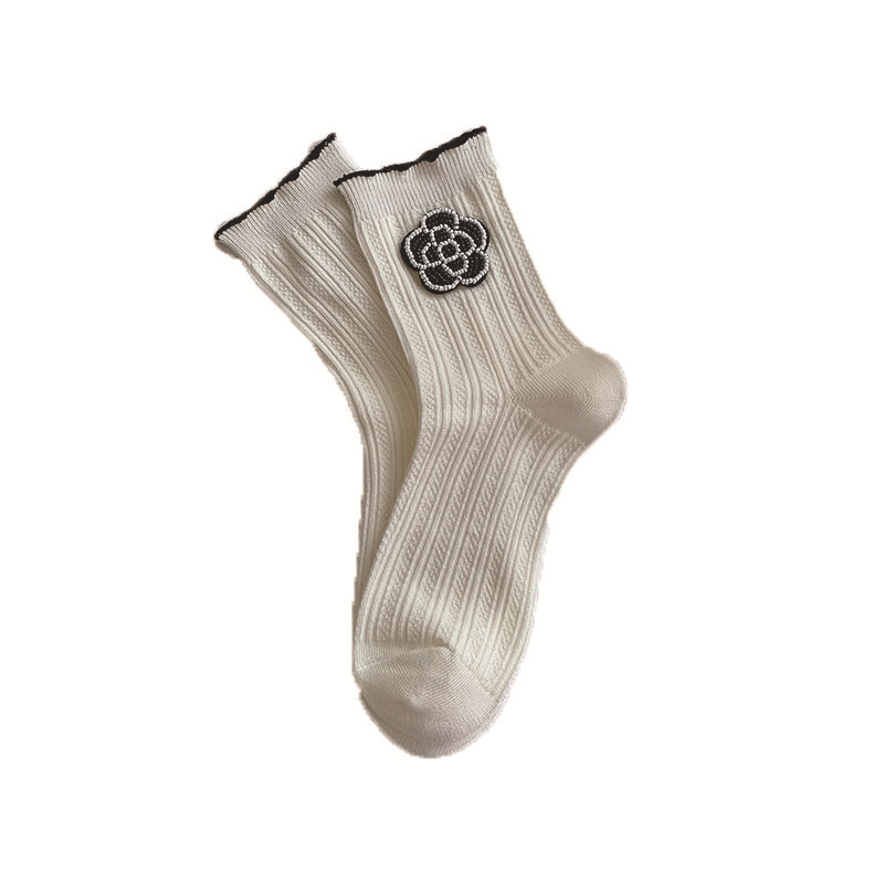 Camellia Wadenlange Socken für Damen, Bambus, klassisch, Schwarz und Weiß, kurze Socken aus gekämmter Baumwolle mit Spitzenbesatz für Mädchen, klein_voghion.com