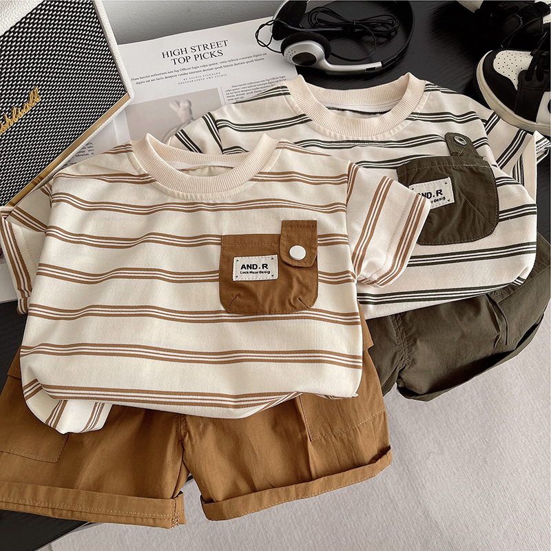 Boys Summer Suit New Kidsren's Stripesd Short-Sleeved T-Shirt Shorts Fashionable Two-Piece Set Baby Casual and Handsome Trendy