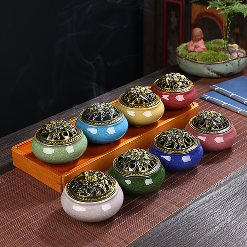 Inverted Flow Incense Burner Ceramic Ornament Ge Kiln Ice Crackle Home Use with Lid Plate Incense Burner Agarwood Incense Room Aroma Incense Burner Sandalwood for Worship