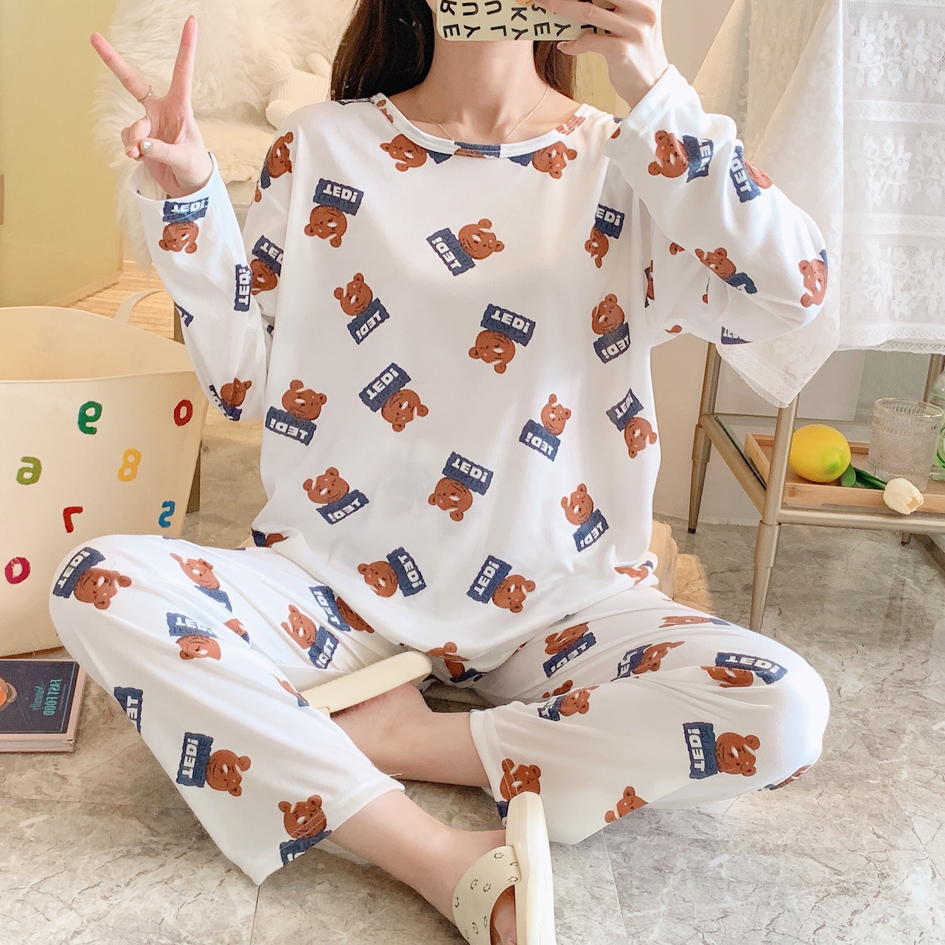 Pijamas mujer otoño estudiante ins manga larga primavera y otoño estilo coreano