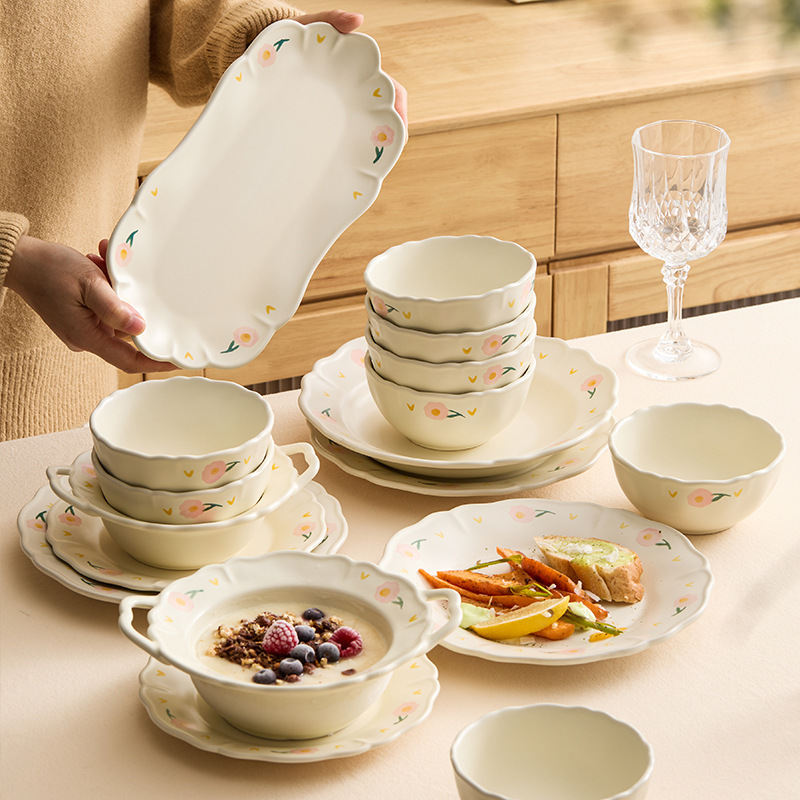 牡丹レースセラミック食器セットボウルとプレート家庭用 2025 新しいキッチン食器プレート食事ボウル高価値|undefined