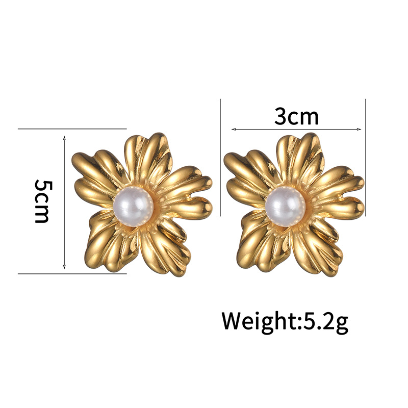 18K Real Gold Plated Plating Material Wholesale Jewelry IG Style Flower Bow Knot 304 Stainless Steel Pearl Inlay Rings Earrings