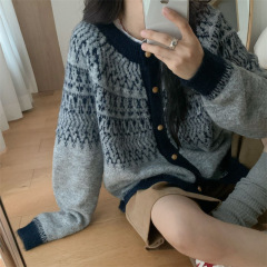 设计感复古提花毛衣开衫外套女秋冬大码胖mm宽松慵懒风针织衫上衣