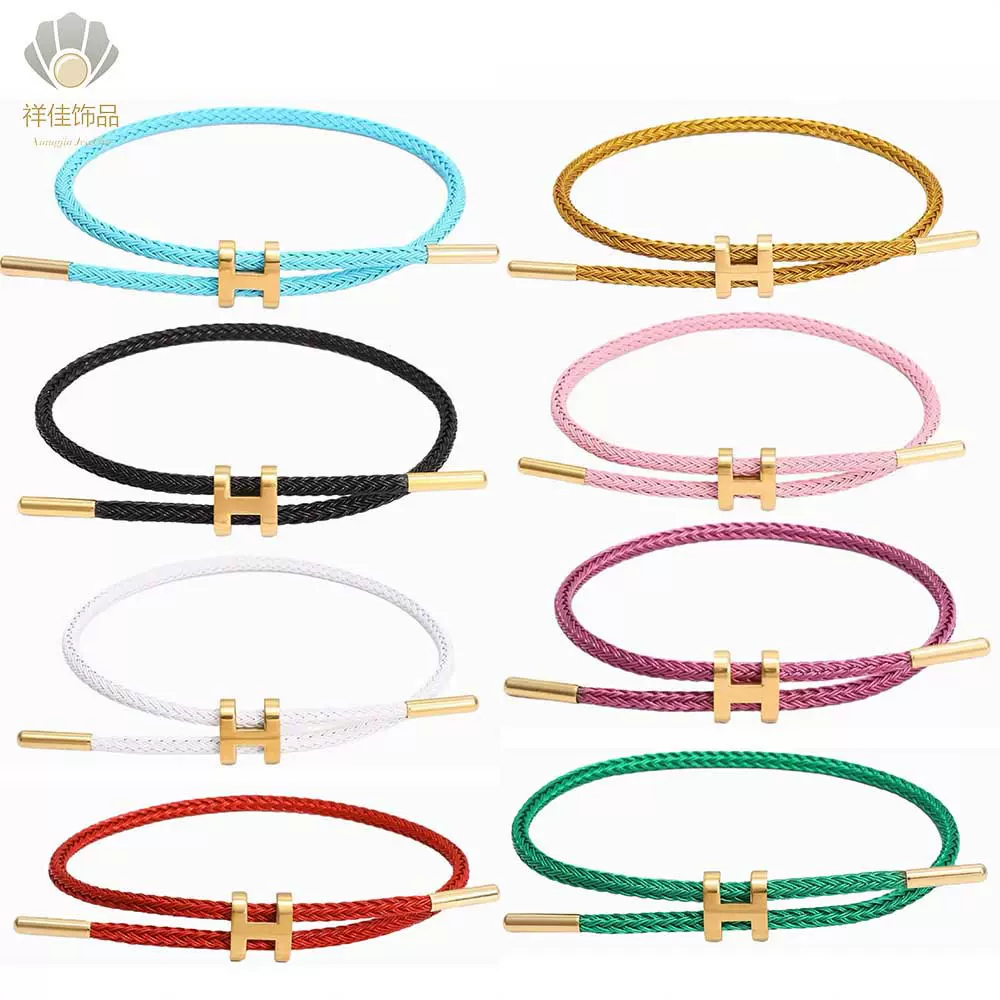 跨境新款工字扣钢丝绳手镯不锈钢3D硬金配手绳可调节防水防汗手链