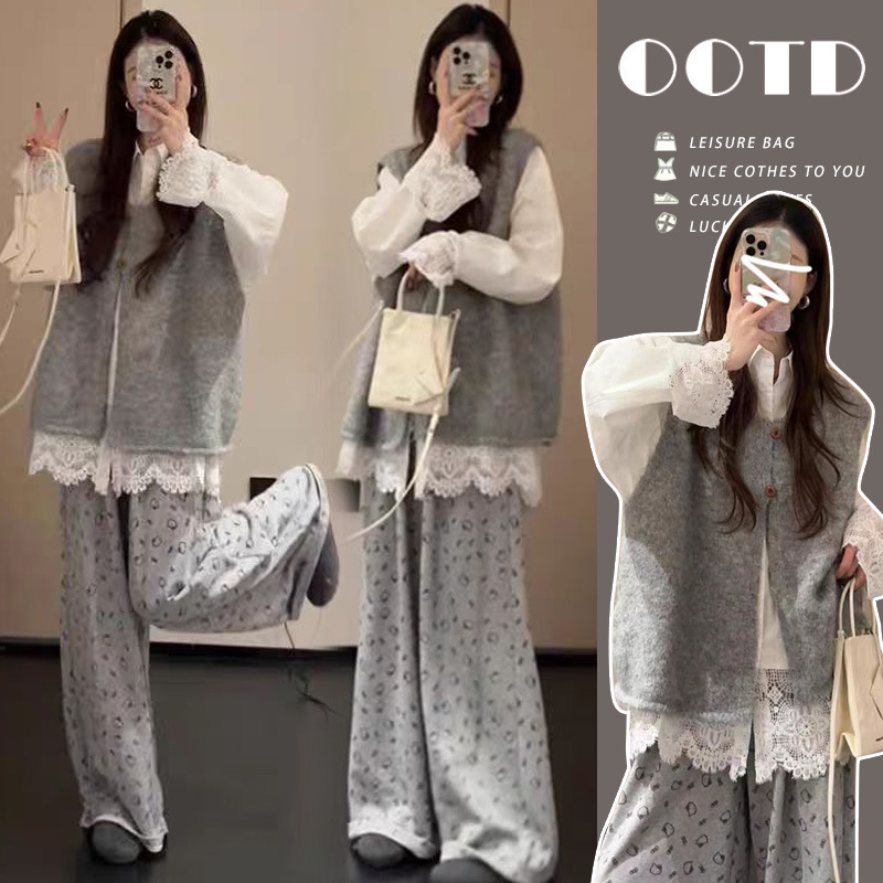 Maternity Wear Autumn New Korean Style Sweet Gray Knitted Cardigan with Hollow Shirt and Trousers Suit