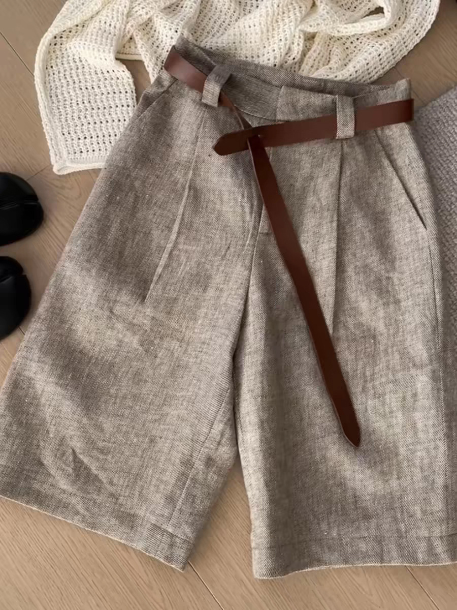 Quần culottes nữ ống rộng cạp cao vải linen phong cách Old Money mùa hè — Quần thời trang cũ