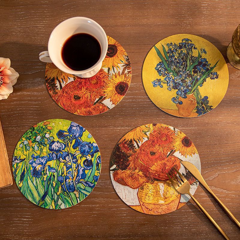 Wholesale High-Looking Van Gogh Leather Coasters, Dining Table Coffee Table Cups, Light Luxury Bowl Mats, Home Hotel Tea Mats, Water Cups, Office