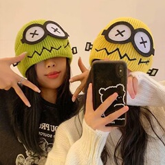 帽子女卡通眼睛可爱搞怪毛线帽糖果色学生情侣小怪物绿色针织帽