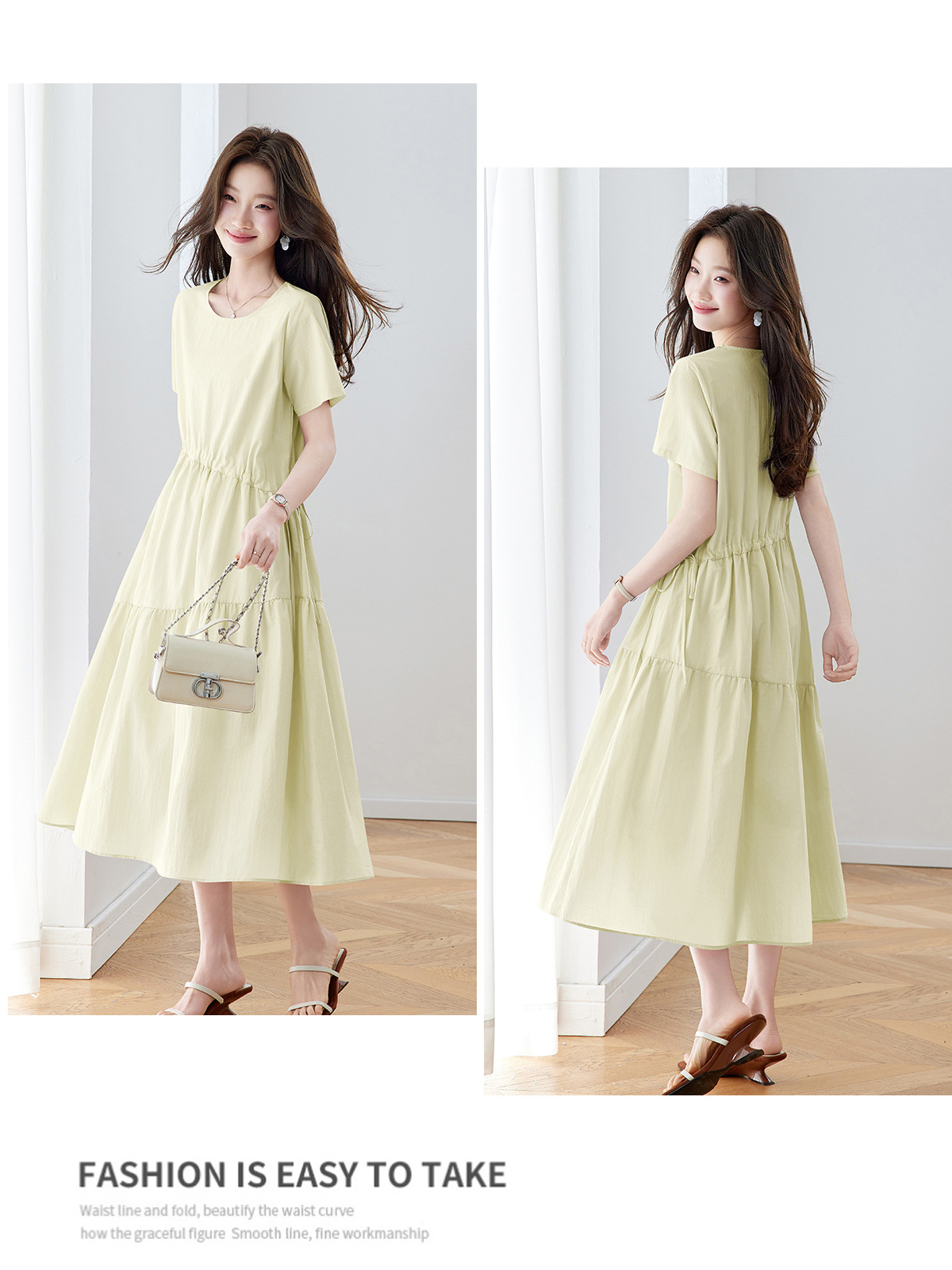 Đầm maxi nữ thắt eo dáng suông rút dây A-line tay ngắn JY2619 — màu tím nhạt, Vàng nhạt chi tiết 22