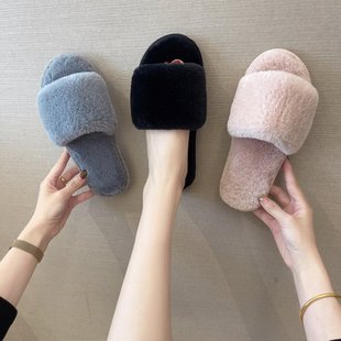 Autumn and Winter Plush Fashion Home Indoor Internet Celebrity Plush Cotton Slippers for Women Outer Wear Flats Non-Slip Ins Trbottomy Slippers