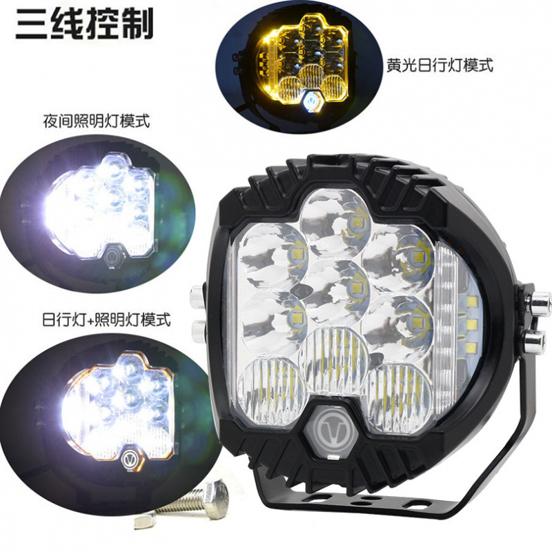 Farol Wrangler 5 pulgadas explosión LED tres lados luz dorada SUV Harley luces de trabajo de automóviles